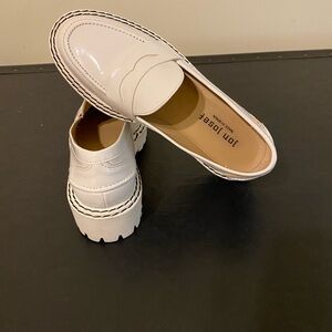 Jon Josef White Chunky Sole Penny Loafers, Patent Leather with Black Top Stitch.